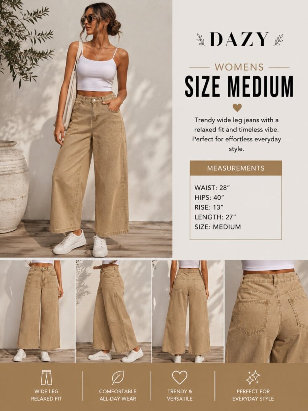 NWT Dazy High Rise Wide Leg Crop Jeans Medium Tan - Picture 2 of 8